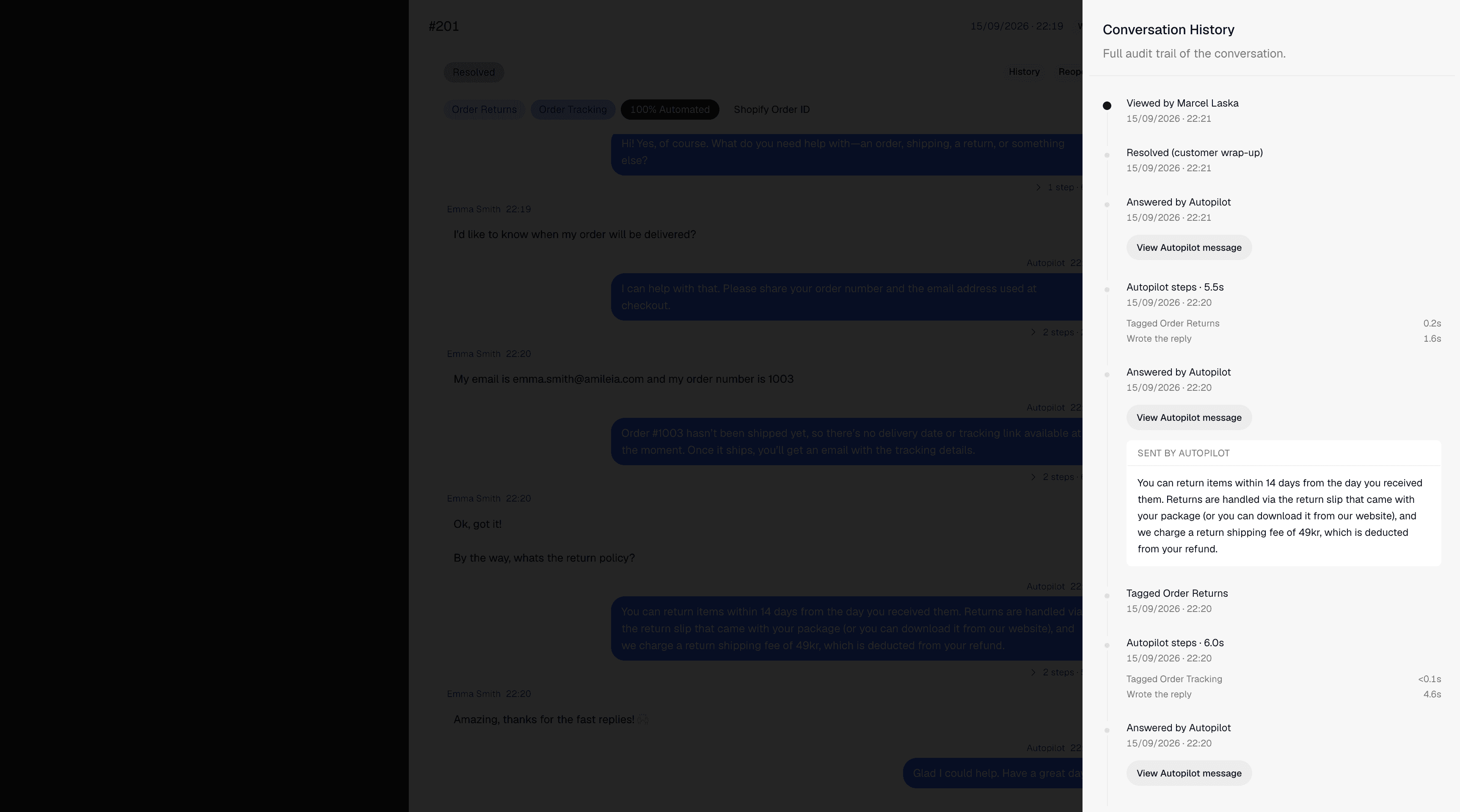 Amileia platform showing AI action audit trail