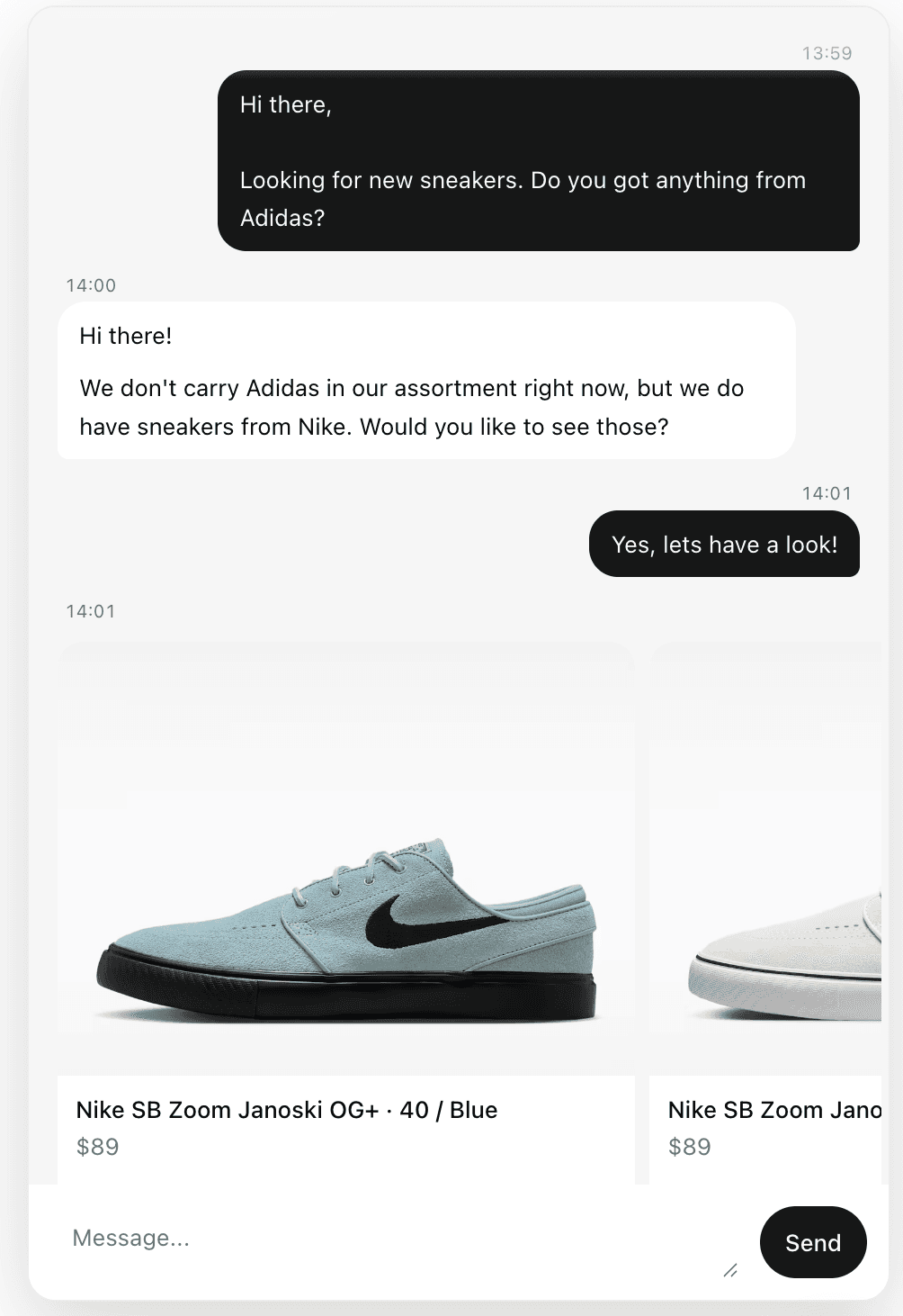 Amileia recommending products in a customer conversation