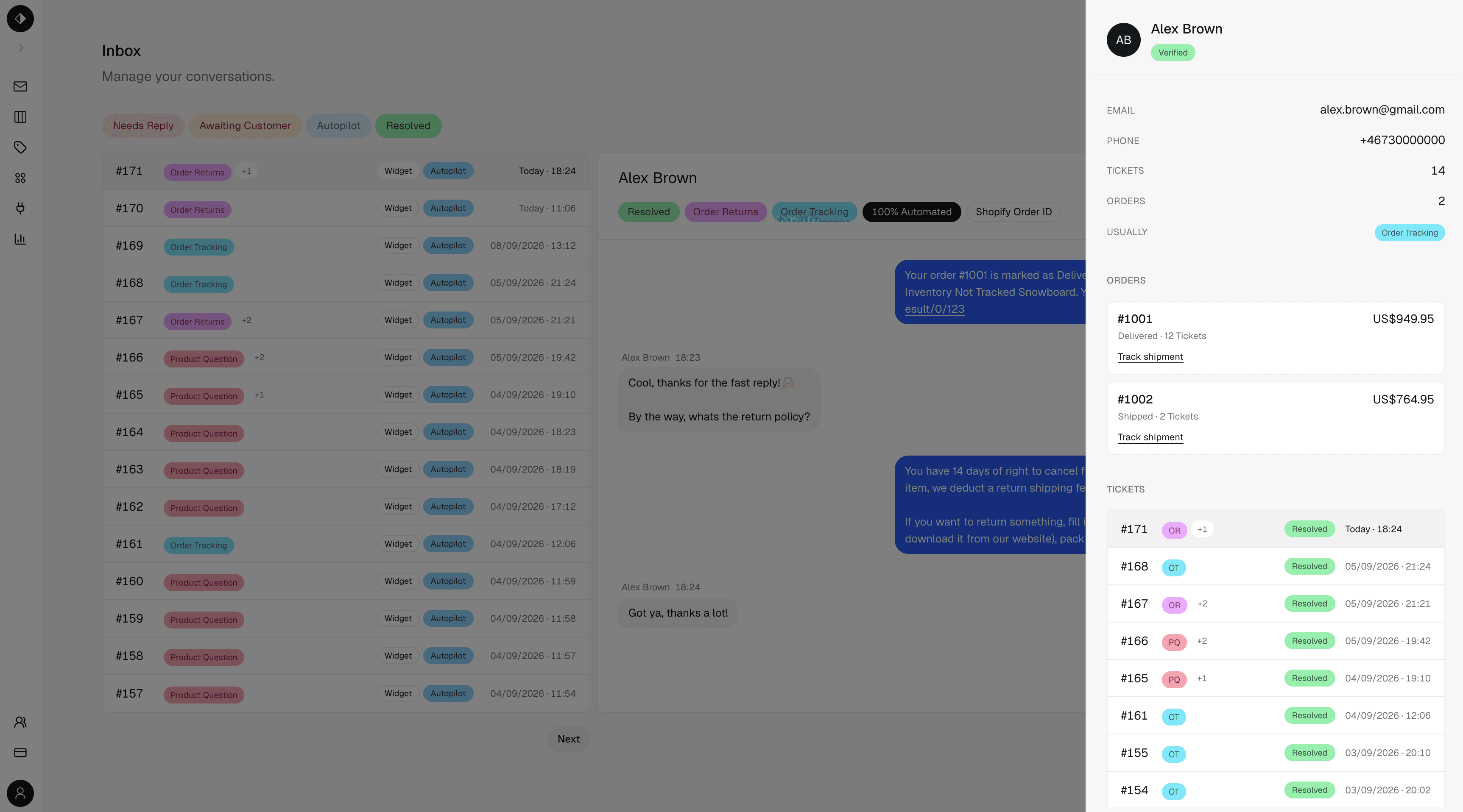 Amileia platform showing full customer context