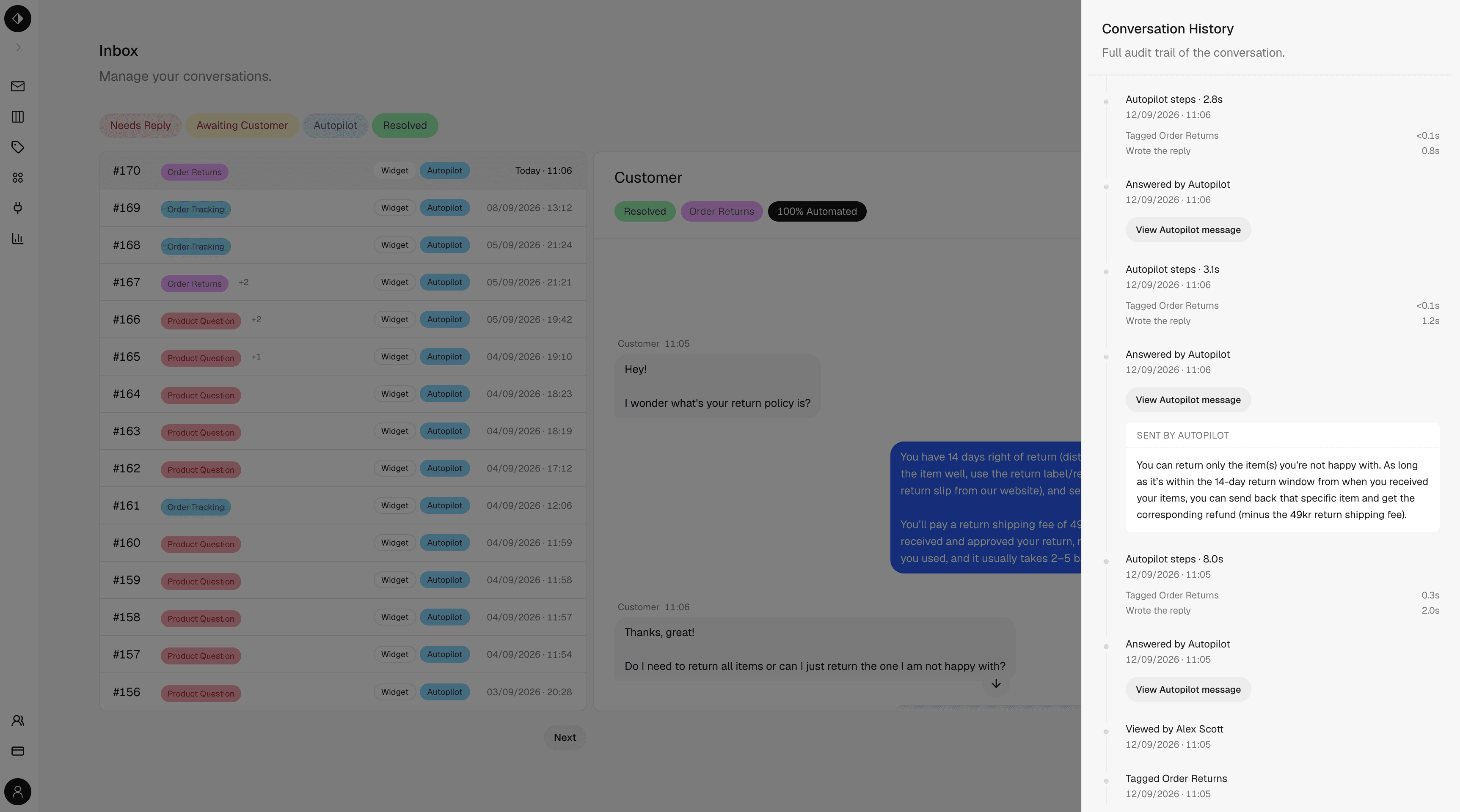 Amileia platform showing AI action audit trail